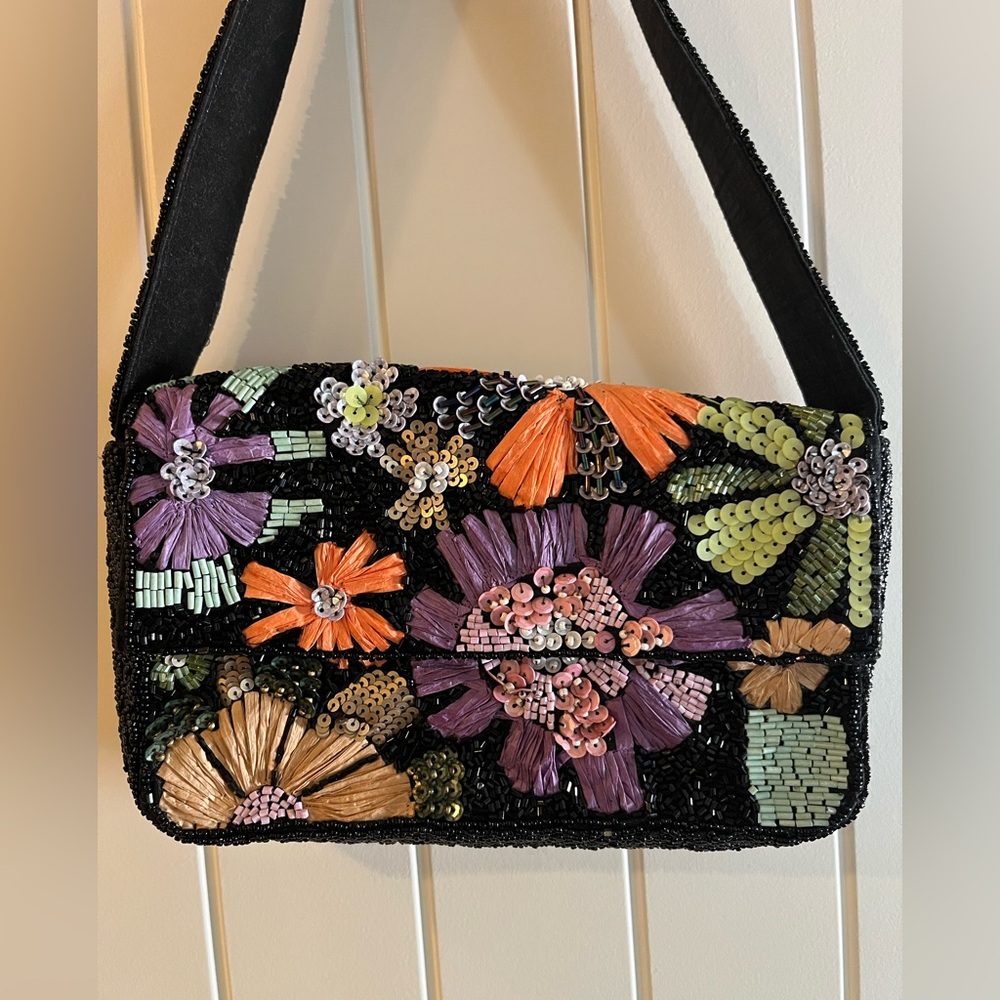 Floral Embellished Black Shoulder Bag